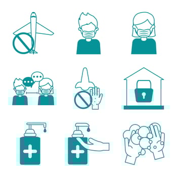 covid 19 coronavirus, prevention outbreak disease pandemic virus icons set line design icon vector