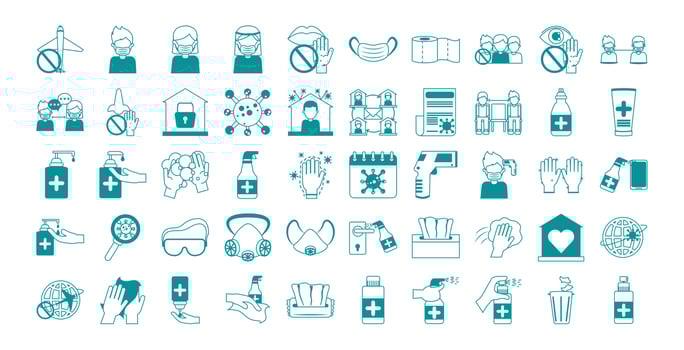 covid 19 coronavirus, prevention outbreak disease pandemic virus icons set line design icon vector