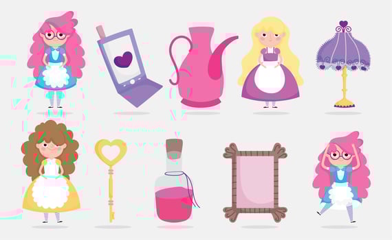 cute girls with mobile lamp mirror key lotion children character vector