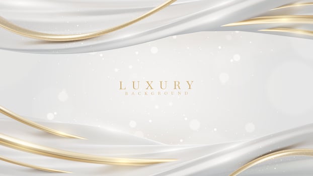 White background with golden curve line element and fluid with light effects decorations and bokeh. Realistic luxury modern design concept. Vector illustration.