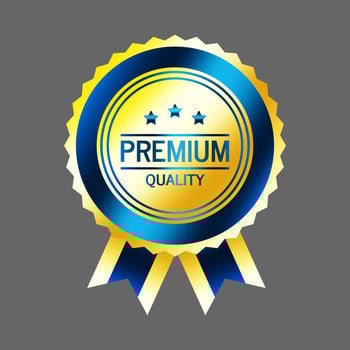Premium quality gold badge, blue gold medal emblem with ribbon, vector illustration