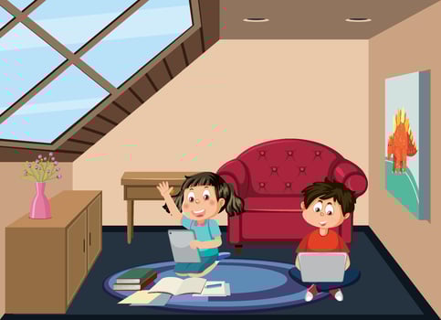 Kids learning online at home vector