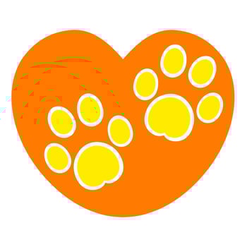 Vector illustration of two yellow cat paws with orange heart symbol. Isolated on a white background. Great for vet logos