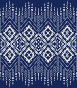 Ethnic geometric blue-white pattern. Ethnic border element. Ethnic geometric diamond shape seamless pattern background. Embroidery folk for fabric, textile, interior decoration elements. vector
