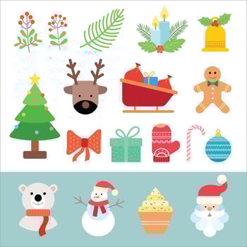 Set of vector Christmas elements Gift box, Ball, Santa, Candle, Gingerbread Man, Candy, Bell, Isolated on White Background