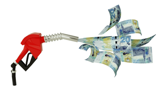 3d rendering of Kuwaiti dinar notes coming out from fuel pump. red fuel nozzle with Kuwaiti dinars flying around png