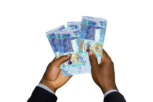 Black Hands in suit holding 3D rendered Kuwaiti dinar notes png