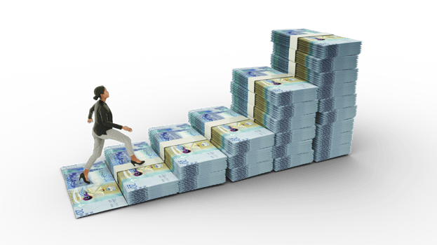 Business woman climbing stairs made of Kuwaiti dinar notes. 3D rendering of money arranged in the shape of a financial growth graph icon. Business growth concept png