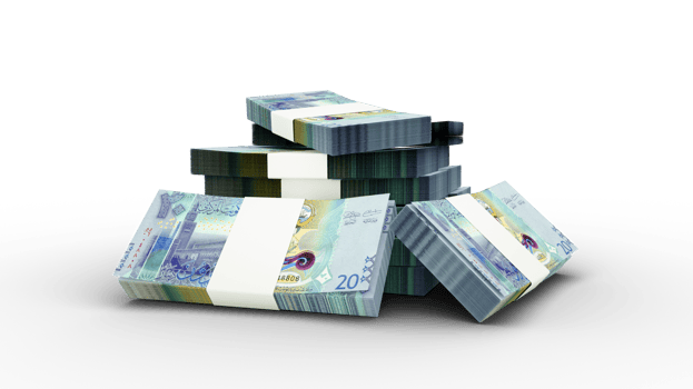 3d rendering of Stack of Kuwaiti dinar notes. bundles of Kuwaiti currency notes isolated on transparent background png