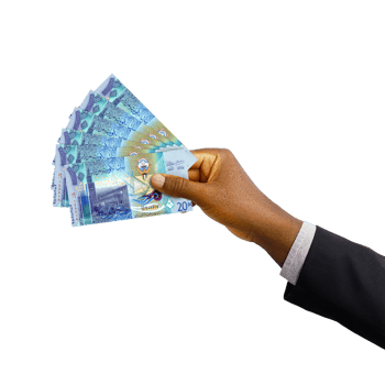 Black hand with suit holding 3D rendered Kuwaiti dinar notes isolated on transparent background png