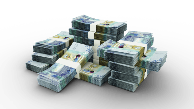 Stack of Kuwaiti dinar notes. 3D rendering of bundles of banknotes png