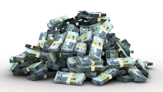 Big pile of Kuwaiti dinar notes a lot of money over transparent background. 3d rendering of bundles of cash png