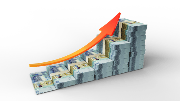 Financial growth sign made of stacks of Kuwaiti dinar notes. 3D Rendering of money arranged in the form of a bar graph isolated on transparent background png