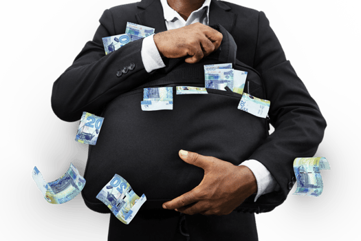 Black Businessman holding black bag full of Kuwaiti dinar notes isolated on transparent background, money falling from bag png