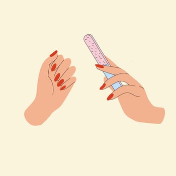 Female manicured hands. Polishing nails. Nail file. Spa treatment beauty concept. Hand drawn colored trendy vector illustration. All elements are isolated