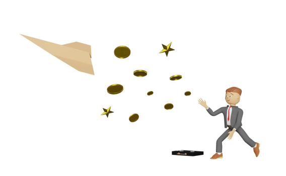 3d cartoon character child businessman with paper plane and floating coin isolated. 3d render illustration png