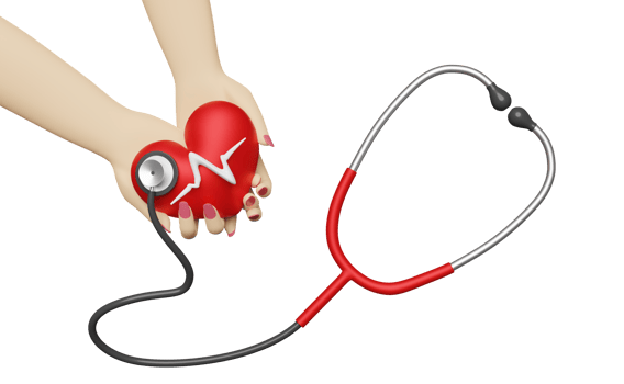 cartoon woman hands holding red heart and blood pressure heart rate with stethoscope isolated. health love or world heart day concept, 3d illustration or 3d render png