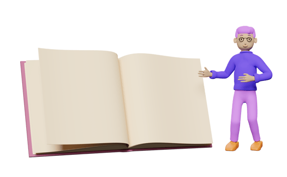 Character cartoon man standing near open book  isolated. mockup template concept, 3d illustration or 3d render png