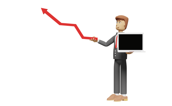 cartoon character businessman hand holds computer laptop with bar graph isolated. 3d illustration or 3d render png