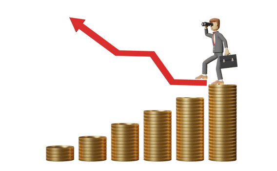 3d cartoon character businessman hand holds binocular with pile of coins and bar graph isolated. 3d render illustration png