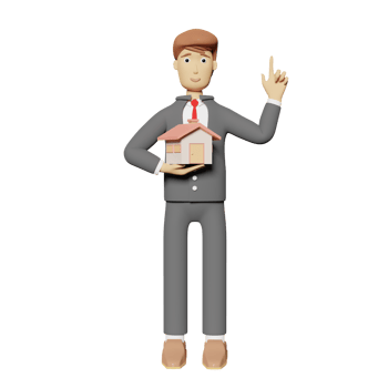 cartoon character businessman hands holding house model with pointing finger isolated. 3d illustration or 3d render png
