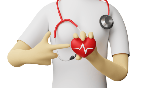 cartoon character doctor woman hands holding red heart with pointing finger and blood pressure heart rate isolated. health love, world heart day concept. 3d illustration,  3d render png