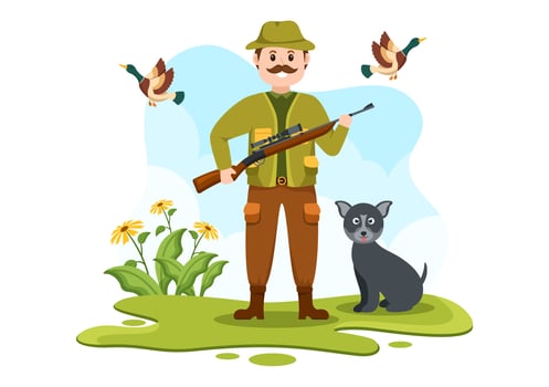 Hunter with Hunting Rifle or Weapon Shooting to Birds or Animals in the forest on Flat Cartoon Hand Drawing Template Illustration vector
