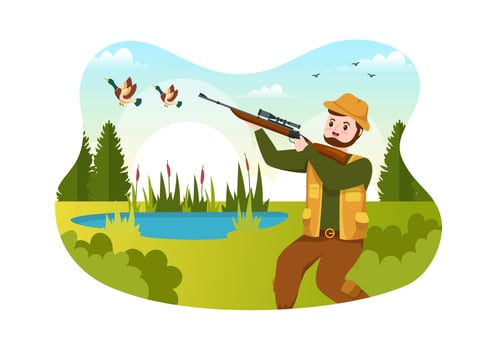 Hunter with Hunting Rifle or Weapon Shooting to Birds or Animals in the forest on Flat Cartoon Hand Drawing Template Illustration vector