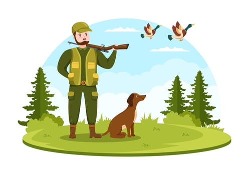 Hunter with Hunting Rifle or Weapon Shooting to Birds or Animals in the forest on Flat Cartoon Hand Drawing Template Illustration vector