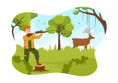 Hunter with Hunting Rifle or Weapon Shooting to Birds or Animals in the forest on Flat Cartoon Hand Drawing Template Illustration vector