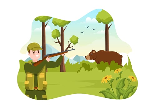 Hunter with Hunting Rifle or Weapon Shooting to Birds or Animals in the forest on Flat Cartoon Hand Drawing Template Illustration vector