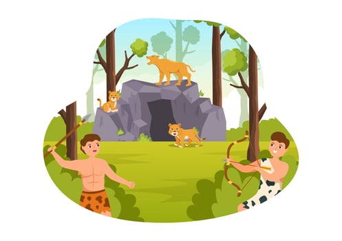 Prehistoric Stone Age Tribes Hunting Large Animals with Weapon in Flat Cartoon Hand Drawing Template Illustration vector