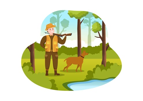 Hunter with Hunting Rifle or Weapon Shooting to Birds or Animals in the forest on Flat Cartoon Hand Drawing Template Illustration vector