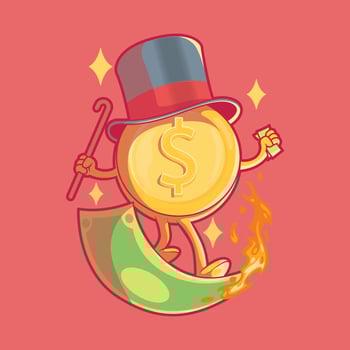 Coin surfing flaming money vector illustration. Finance, economy, funny design concept.