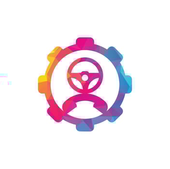 Drive call gear shape concept vector logo design. Steering wheel and phone symbol or icon