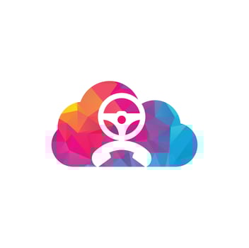 Drive call cloud shape concept vector logo design. Steering wheel and phone symbol or icon