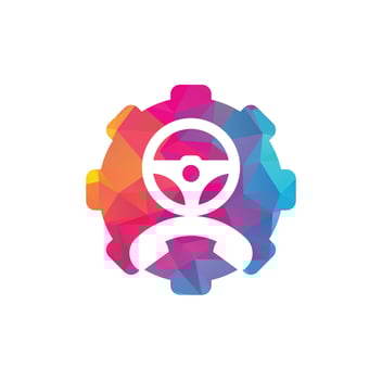 Drive call gear shape concept vector logo design. Steering wheel and phone symbol or icon