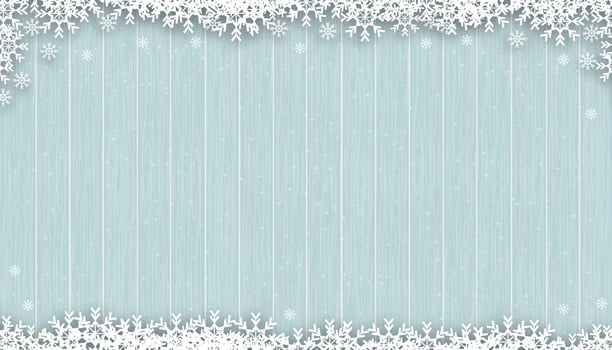 Christmas background with snowflakes on blue wood texture,Vector Winter scene with snowing on wooden panel texture,3D display banner backdrop for New Year 2023 or Christmas promotion vector