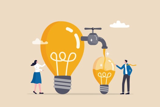 Sharing idea or knowledge sharing, transfer information or wisdom to employees or colleagues, creativity or innovation, learning new skills concept, business people transfer idea to new lightbulb. vector