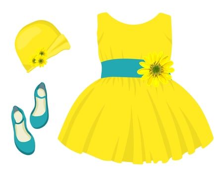 holiday shoes for girls, children's model shoes. Beautiful ball gown dress. Skirt with tulle and bow. Princess outfit. Vector illustration isolated.