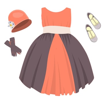 holiday shoes for girls, children's model shoes. Beautiful ball gown dress. Skirt with tulle and bow. Princess outfit. Vector illustration isolated.