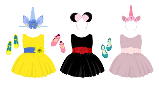 holiday shoes for girls, children's model shoes. Beautiful ball gown dress. Skirt with tulle and bow. Princess outfit. Vector illustration isolated.