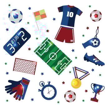 Soccer set of icons with field, ball, trophy, scoreboard, whistle, gloves and boots isolated vector illustration