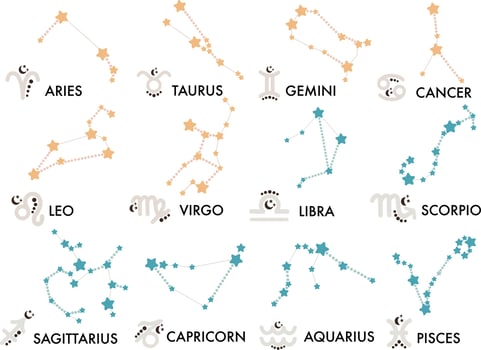 Set of Celestial Constellations. Horoscope symbols, astrology icons. Zodiac signs vector set.