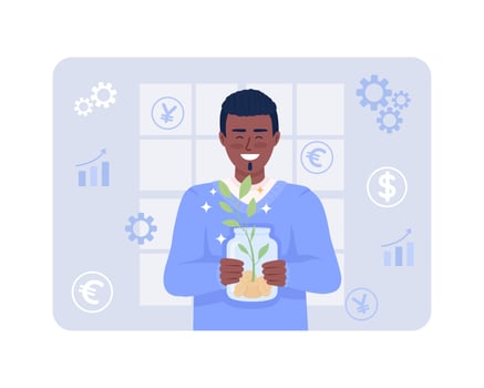 High paying job 2D vector isolated illustration. Financial growth. Happy man with savings flat character on cartoon background. Colourful editable scene for mobile, website, presentation