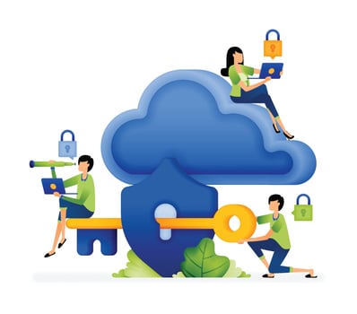 Illustration of people holding keys through shields. Digital computing cloud security. Designed for website, landing page, flyer, banner, apps, brochure, startup media company vector