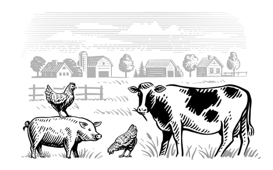 Village and landscape farm. Domestic Animals vector
