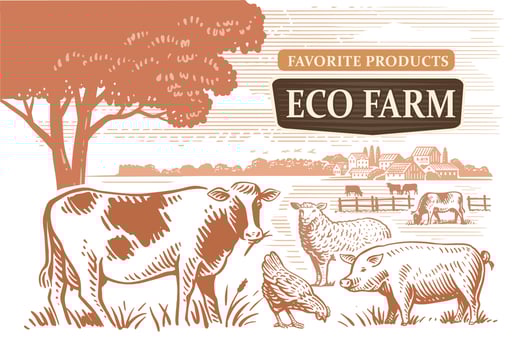Village and landscape farm. Domestic Animals vector