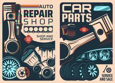 Spare parts shop and car service retro posters vector