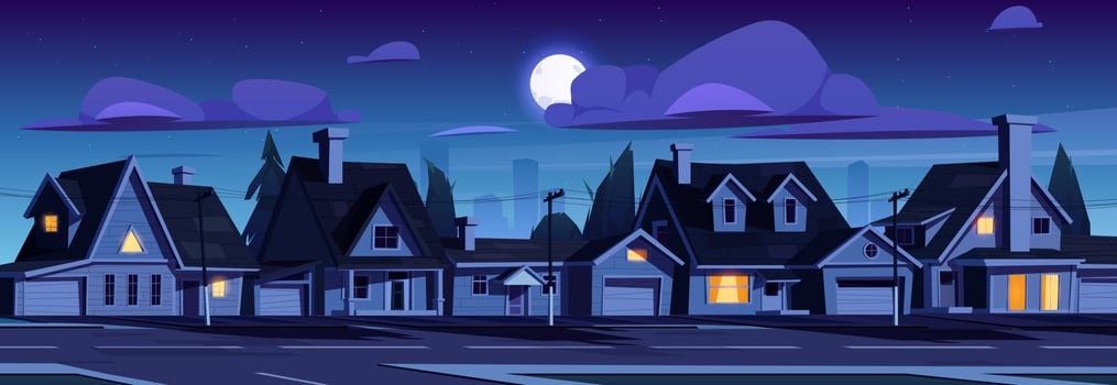 Suburb houses at night, dark suburban street vector